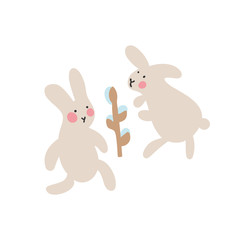 Adventures of Easter bunnies, who are looking for and hiding holiday eggs. Easter design elements in minimalistic vector style. Illustrations for kids.
