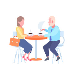 couple man woman sitting cafe table businesspeople reading contract document and drinking coffee white background flat full length