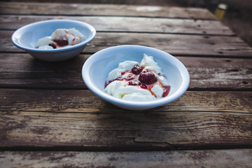Ice cream with strawberry jam.