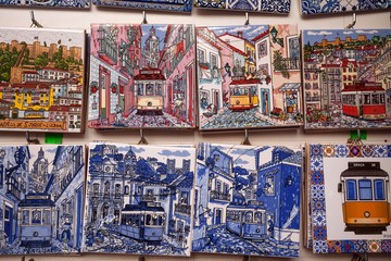 Souvenirs, miniatures of traditional Azulejo tiles, Lisbon, Portugal, Europe