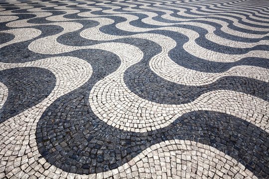Mosaic pavement, black and white, wavelike pavement, Rossio Square, Lisbon, Portugal, Europe