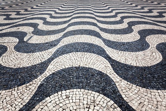 Mosaic pavement, black and white, wavelike pavement, Rossio Square, Lisbon, Portugal, Europe