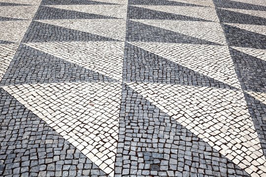 Mosaic pavement, black and white, triangular pavement, Praca do Municipio, Town Hall, Lisbon, Portugal, Europe
