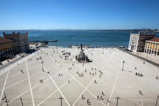 View from the Triumphal Arch of Rua Augusta, Arco da Rua Augusta, to the commercial square, Praca do Comercio, Baixa district, Lisbon, Portugal, Europe