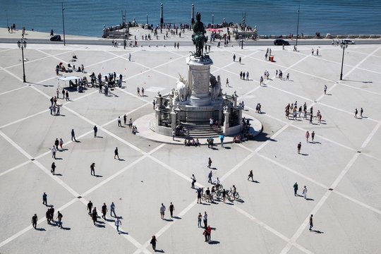 View from the Triumphal Arch of Rua Augusta, Arco da Rua Augusta, to the commercial square, Praca do Comercio, Baixa district, Lisbon, Portugal, Europe
