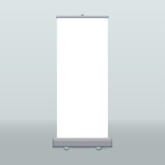 Roll up banner isolated. Vector empty display mockup for presentation or exhibition product. Vertical blank roll up stand template.