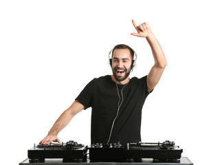 Male DJ playing music on white background
