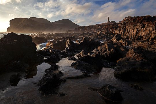 Sea lava rock, Volcanic landscape, Capelinhos volcano, Ponta dos Capelinhos, evening light, Capelo, Island of Faial, Azores, Portugal, Europe