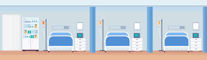 hospital room interior intensive therapy patient ward with medical tools row of nursing care bed empty no people modern clinic furniture horizontal