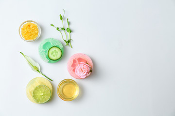 Natural ingredients for cosmetic and soap on white background