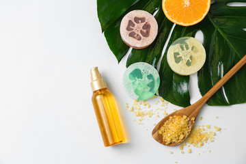 Cosmetics with natural ingredients on white background