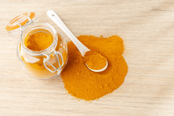 turmeric powder in glass bowl on wood