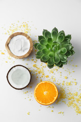 Natural ingredients for cosmetic on white background