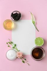 Natural ingredients for cosmetic and blank paper on color background