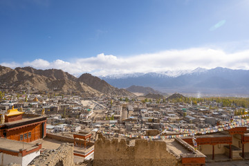 Fototapeta na wymiar A landscape view from the Leh Palace with Leh city top view, Leh Ladakh, India.