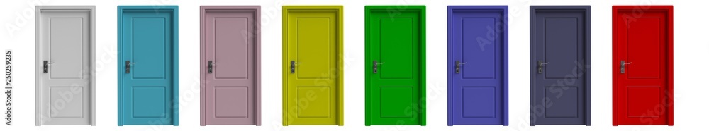 Wall mural Set of various colors closed doors isolated cutout on white background. 3d illustration