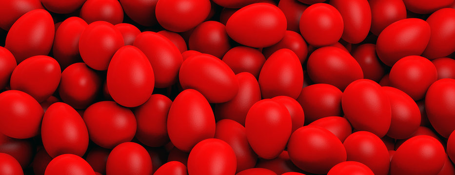 Easter preparation. Red eggs pile, texture background, banner. 3d illustration
