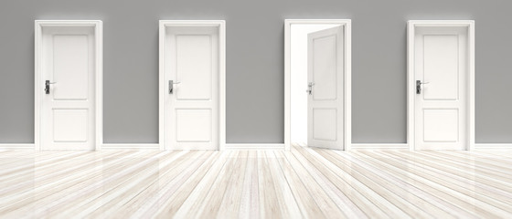 Closed and open doors on grey wall and white wooden floor background, banner. 3d illustration