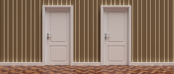 Naklejka na ściany i meble Two closed doors against vintage wallpaper and wooden floor background, banner. 3d illustration