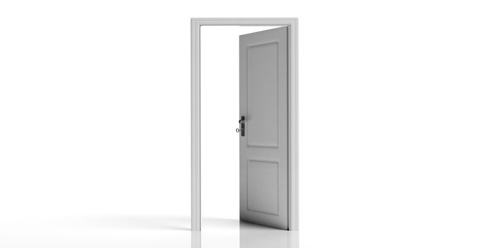 White decorated open door isolated on white background. 3d illustration