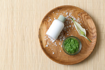 Cosmetics with natural ingredients on bamboo mat