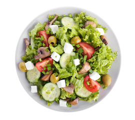 Plate with tasty fresh salad on white background