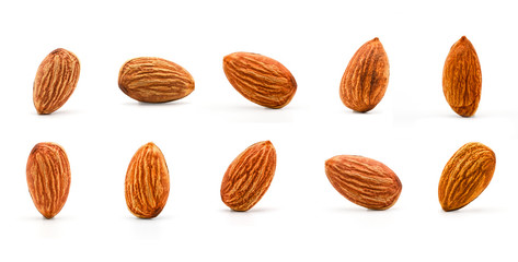 Isolated of almonds nut collection on white background. Clipping path -Image.