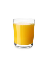 Glass of fresh orange juice on white background