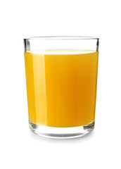 Glass of fresh orange juice on white background