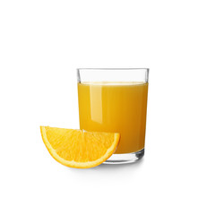 Glass of fresh orange juice on white background