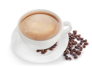 Cup of hot coffee on white background