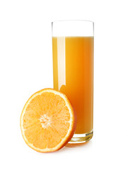 Glass of fresh orange juice on white background
