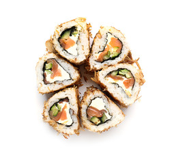 Tasty sushi rolls on white background