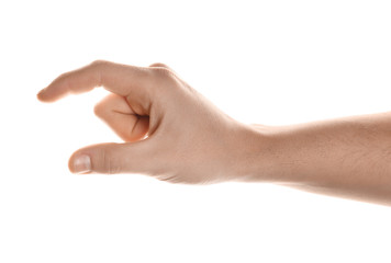 Male hand holding something on white background