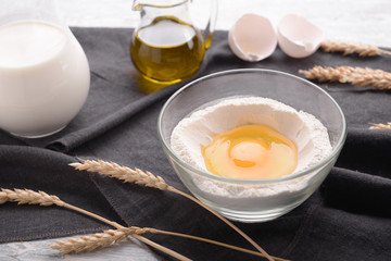 Ingredients for making bread on table