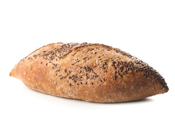 Loaf of fresh bread on white background