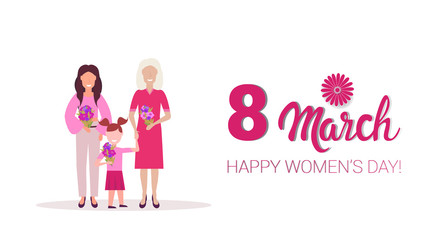 happy three generations women holding flowers international 8 march day celebrating concept female cartoon characters full length horizontal greeting card