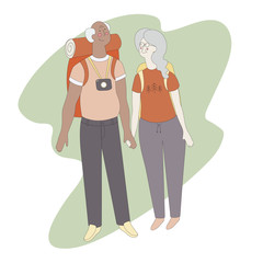 Isolated illustration of senior retired couple travelling. Active retired couple going to travel on their vacation. Happy grandparents with camera and bags on abstract background.