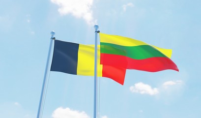 Lithuania and Belgium, two flags waving against blue sky. 3d image