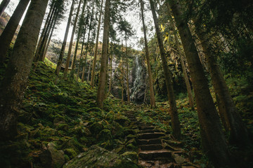 A stone stair leading to a waterfall