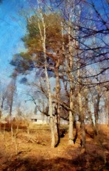 Fototapeta premium Oil painting nature landscape contemporary stock wall art print for canvas or paper, or stationery. Hand drawing by brush original nature artwork. Village scene in spring or summer. Modern poster. 