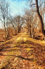 Obraz premium Oil painting nature landscape contemporary stock wall art print for canvas or paper, or stationery. Hand drawing by brush original nature artwork. Village scene in spring or summer. Modern poster. 