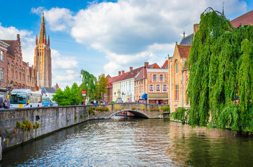 Beautiful canal and traditional houses in the old town of Bruges (Brugge), Belgium
