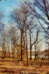 Obraz na płótnie Canvas Oil painting nature landscape contemporary stock wall art print for canvas or paper, or stationery. Hand drawing by brush original nature artwork. Village scene in spring or summer. Modern poster. 