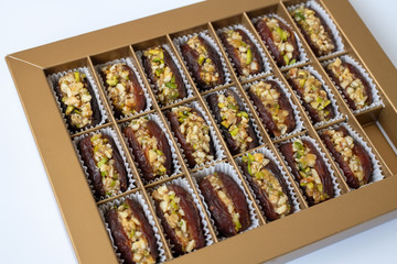 Dates stuffed with pistachios in a box