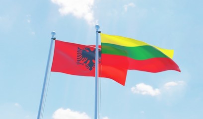 Lithuania and Albania, two flags waving against blue sky. 3d image