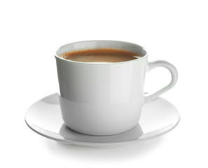 Cup of hot coffee on white background