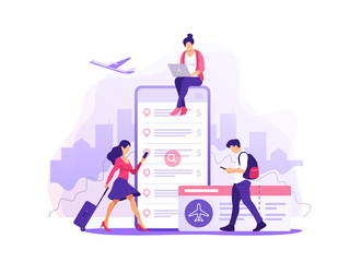 Flight tickets online booking concept. Buying ticket with smartphone. Vector illustration.