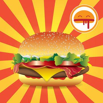 Hamburger fast food on the background of strips. Vector image.