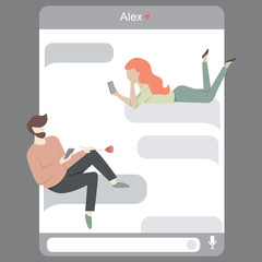 Illustration of virtual relationship concept. Online dating and messaging app. Man chatting with woman on the Internet. Online commutication. Mobile dating service on a laptop.